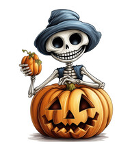 Funny Skeleton For Halloween, Funny Cartoon Skeleton With Pumkin . Generative AI