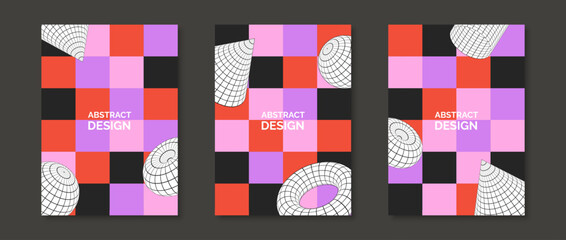Poster - Vibrant neo geometric design posters set. Collection of 3d torus, cone, cylinder and sphere shapes on checkered background. Set of retro futuristic templates for cover, banner, flyer. Vector pack