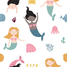 Seamless Pattern With Cute Little Mermaids And Sea Animals, Vector Illustration For Nursery And Textile Decoration