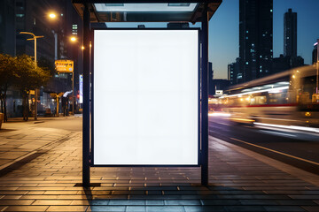 Blank white vertical digital billboard poster on city street bus stop sign at nigh. Street advertising bus stop mockup