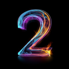 number 2 illustrative neon number on dark background lit up and shiny electric 