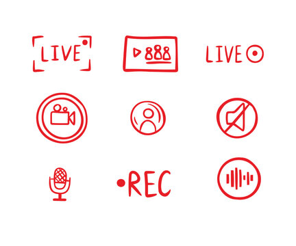  Set hand drawn live streaming doodle icons. Video broadcasting Button, red symbols. TV, news, shows