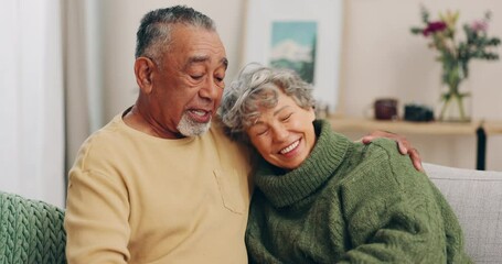 Canvas Print - Love, hug and marriage, old couple on sofa with smile, anniversary and quality time together in lounge. Relationship in retirement, happy woman and senior man relax on couch with wedding ring bonding