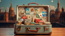Retro Suitcase Of A Traveler With Travel Stickers