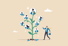Career Growth, HR Human Resources Or Organization, People Management, Career Development Strategy, Employee Skill Or Hiring, Recruitment Concept, Businessman HR Watering Growing Tree With Employees.