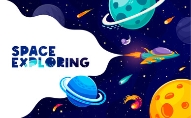 Poster - Space exploring banner with cartoon asteroids, spaceship, planets and comets, vector galaxy world background. Space adventure and exploration, rocket shuttle in starry sky with planets and asteroids