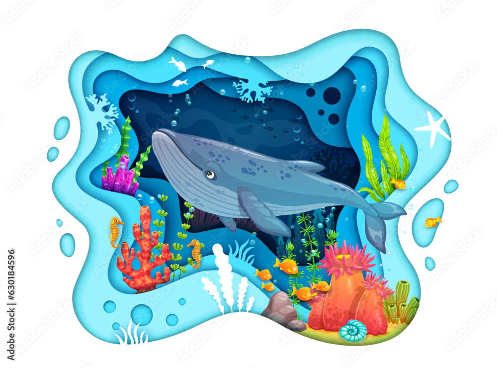 Cartoon sea whale and paper cut underwater landscape with vector ocean ...