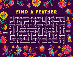 Poster - Labyrinth maze, help to parrot find feather, vector game worksheet puzzle. Tropical parrot birds and flowers on kids labyrinth escape or puzzle quiz to find a way to feather with start and finish path