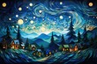 Starry night sky over a village artwork. Impressionist painting swirls abstract. 