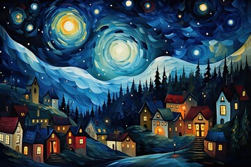 Starry night sky over a village artwork. Impressionist painting swirls abstract. 