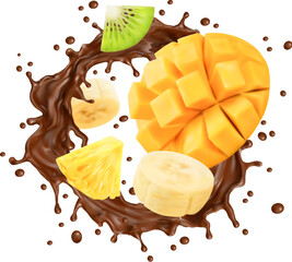 Realistic chocolate milk flow splash with fruits, choco drink, sweet yogurt or ice cream vector background. Mango, banana, pineapple and kiwi tropical fruits in milk chocolate splash twirl with drops