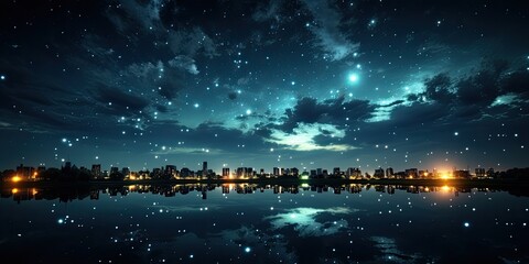 Wall Mural - night sky over the sea. abstract ocean views with starry galaxy skies in blue.