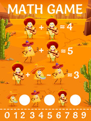 Poster - Math game worksheet. Cartoon mexican nachos chips musician characters. Kids addition and subtraction activity, mathematical quiz or vector puzzle with funny nachos chips playing guitar and maracas