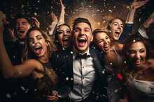 Happy Smiling People Have Fun At A New Year's Eve Party. Generative AI