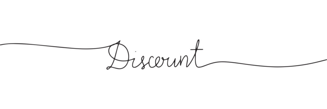 One line continuous word Discount. Line art calligraphy, handwriting vector illustration.