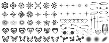 Y2k Icons. Retro Graphic Elements For Design. Modern Rave Symbols. Abstract Geometric Stars Sparkles And Futuristic Shapes. Vector Set Of Hearts, Butterflies And Planets Stickers.