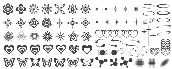 Wall Mural - y2k icons. retro graphic elements for design. modern rave symbols. abstract geometric stars sparkles