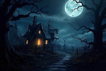 Wall Mural - Halloween pumpkins near a tree in a cemetery with a scary house. Halloween background at night forest with moon and bats.