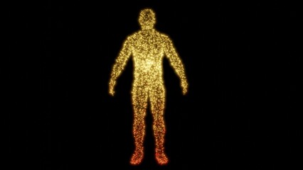 Wall Mural - Human body made of glowing yellow points, dots.  Microbiome bacteria, viruses, microbes on body. 3d render illustration.