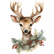 Watercolor Christmas Theme Decoration Illustration. Winter Season Festive. Holiday Artwork. Beautiful Reindeer with Holly.