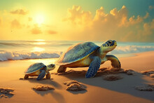 Mom Turtle With Baby On The Beach Sand. Ai Generative.
