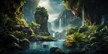 Dense Jungle Surroundings Of Stunning Asian Waterfall