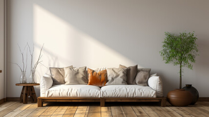 Wall Mural - casual sofa in front of a single white empty wall, oiled wooden floor.