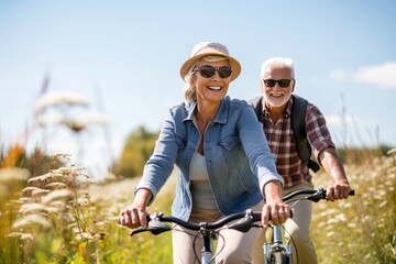 happy older couple explores nature by bike on sunny day.