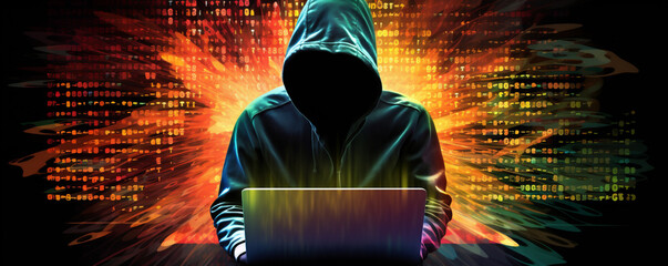 Hacker on a Laptop, a Man Wearing a Hood on a Laptop, Image Made Up of Colorful Binary Code, Hacker Terminal Style Image, Cyber-Criminal Concept, Generative AI