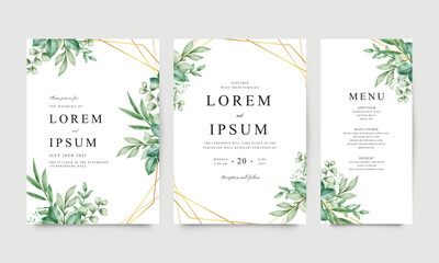 Wall Mural - Set of wedding invitation card templates with golden geometric frames and leaves