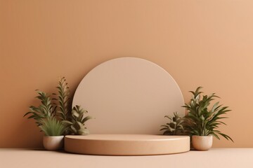 Poster - Generative AI : Display scene pastel podium with geometric shapes, pedestal empty on one floors, circle wall shape, gradient luxury platform composition for background product presentation. 3D render