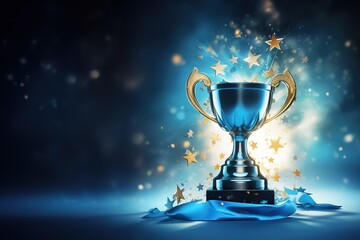 generative ai, winner trophy with flames, blue golden champion cup with falling confetti on blue bac