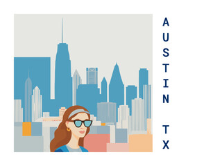 Wall Mural - Square flat design tourism poster with a cityscape illustration of Austin TX (United States)