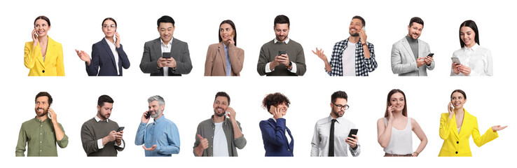 Poster - Collage with photos of people using mobile phones on white background