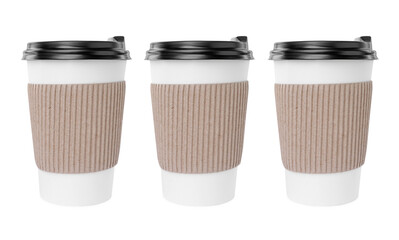 Wall Mural - To-go drink. Set with three paper coffee cups isolated on white