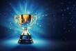© DELstudio - Generative AI, Winner trophy with flames, blue golden champion cup with falling confetti on blue background.