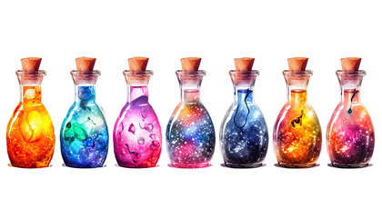 Potion bottles with colorful liquids, each with mysterious effects, Halloween potions, alchemy, magic elixir, enchanted brews