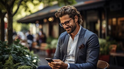 Happy young man in the city using a smartphone.