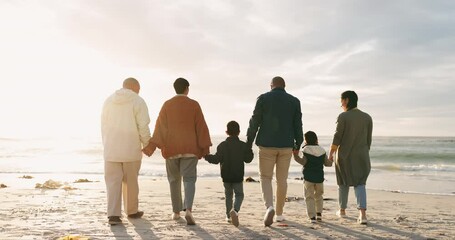 Canvas Print - Family, beach and vacation with kids, smile and care with love, bonding and sunshine in summer for support. Young kids, parents and grandparents with playful game, ocean and walk together on holiday