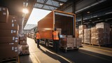 With a female manager using a tablet computer, a worker loads cardboard boxes into a delivery truck in a logistics retail warehouse. Online purchases, orders, and