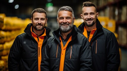 Wall Mural - In the warehouse factory, a skilled crew of warehouse workers celebrates victory.