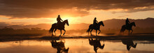 Australian Stock Horse Riders Riding In Pairs Silhouette 