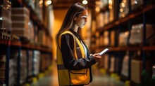 A Female Employee Or Supervisor Checks The Stock Inventory On A Digital Tablet As Part Of A Smart Warehouse Management System.