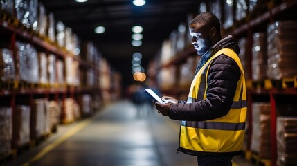 A female employee or supervisor checks the stock inventory on a digital tablet as part of a smart warehouse management system.