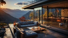 Stylishly Contemporary Exterior Of A Luxury Villa. A Mountainside Glass Home. Views Of The Mountains In Awe From The Veranda Of A Contemporary Residence