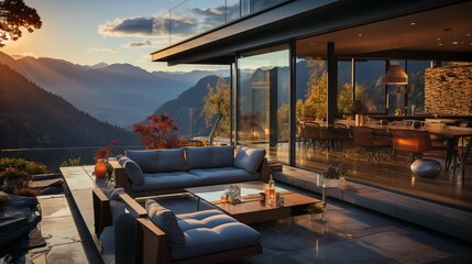 Stylishly contemporary exterior of a luxury villa. a mountainside glass home. Views of the mountains in awe from the veranda of a contemporary residence