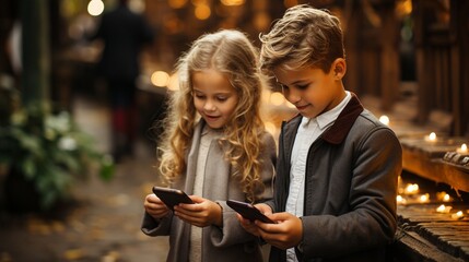 two young children using cellphones