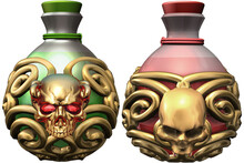 Two Potion Glass Bottles, One Red And One Green, Embellished With Sinister Skulls And Gold Swirl Ornaments, Creating An Aura Of Dark Enchantment. 3D Rendered Illustration.