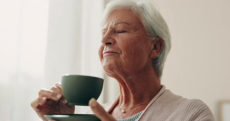 Wall Mural - Relax, tea and a senior woman drinking from a cup in the living room of her nursing home during retirement. Face, smile or peace and an elderly female pensioner feeling carefree with a beverage