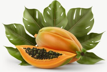 Wall Mural - papaya with slices and leaves isolated on white background. generative ai